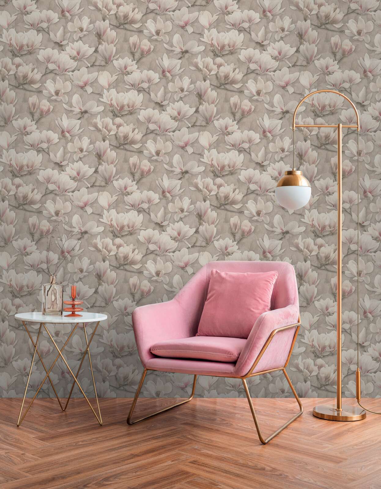             Non-woven floral wallpaper with magnolia blossoms - brown, pink, white
        