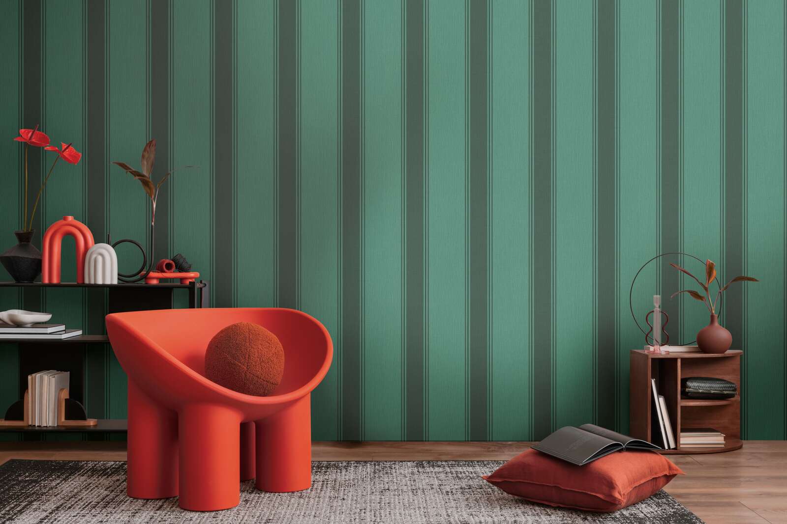             Striped non-woven wallpaper with contrast - green, black, grey
        