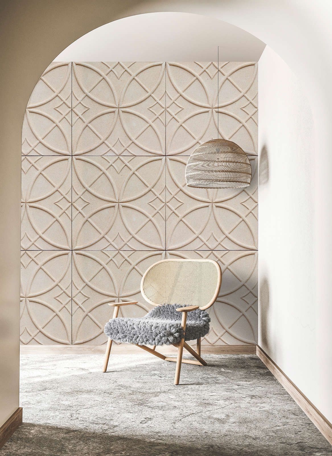             Photo wallpaper »circulus« - Circular pattern on tile look with 3D effect - Lightly textured non-woven fabric
        