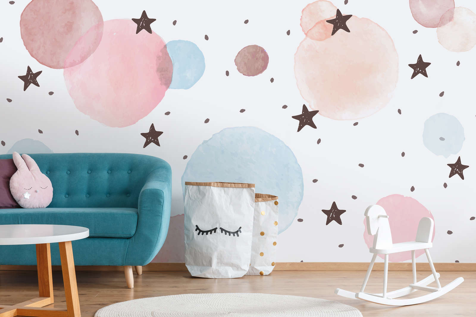             Papel pintado fotográfico para habitación infantil con estrellas, lunares y círculos - Material sin tejer liso y ligeramente brillante
        