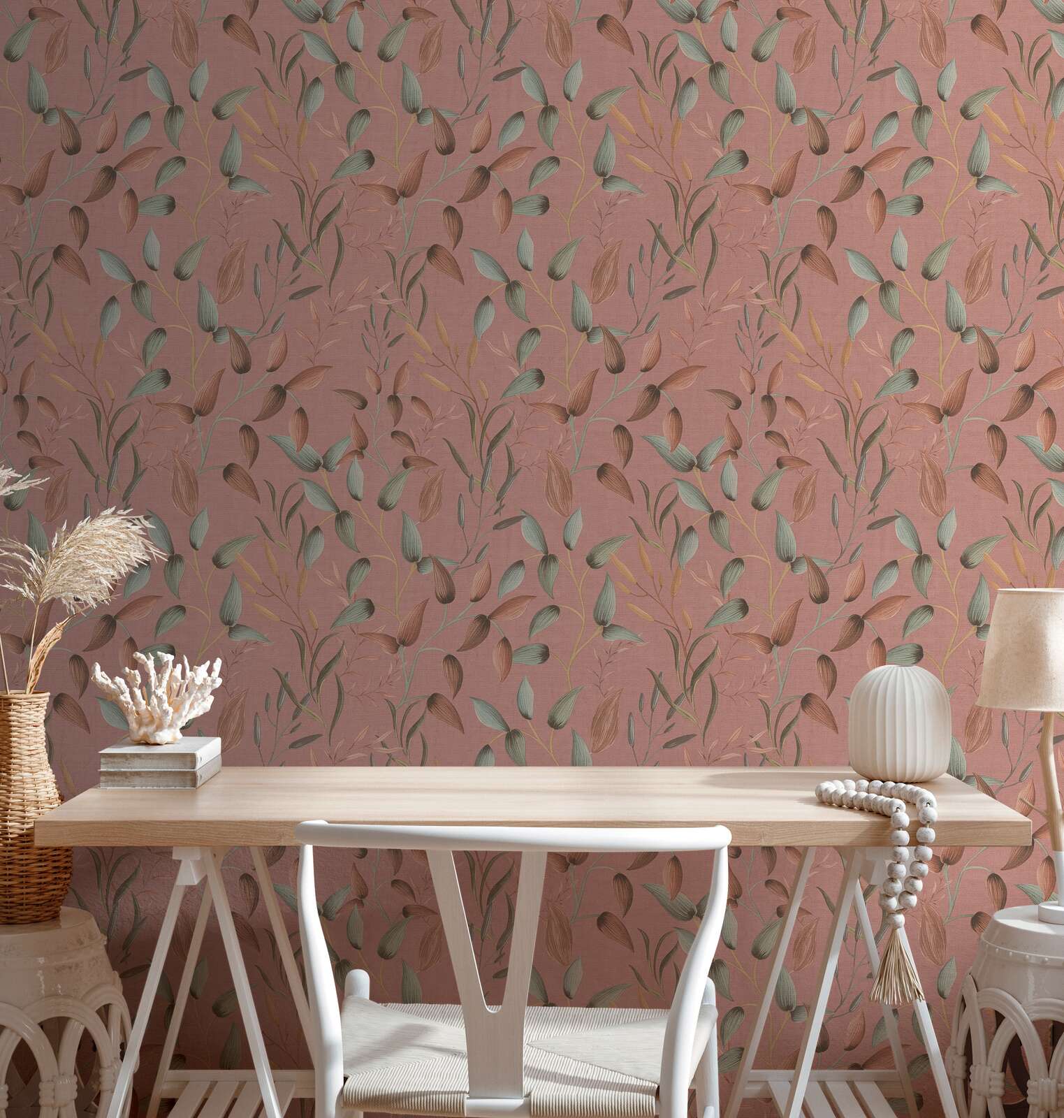             Non-woven wallpaper with soft floral tendrils - pink, green, red
        