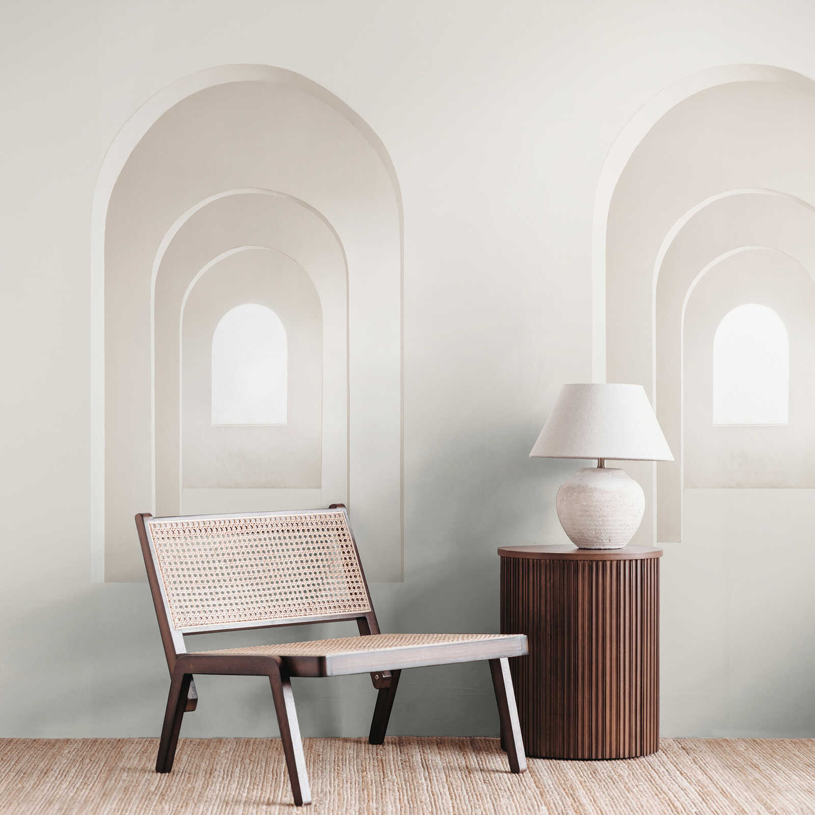 Elegant arches and windows as 3D non-woven wallpaper that creates an illusion of depth - cream, beige
