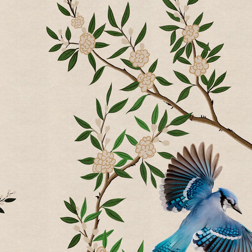             papier peint en papier panoramique »merula« - branches & oiseaux - clair avec structure lin | Intissé lisse, légèrement nacré
        