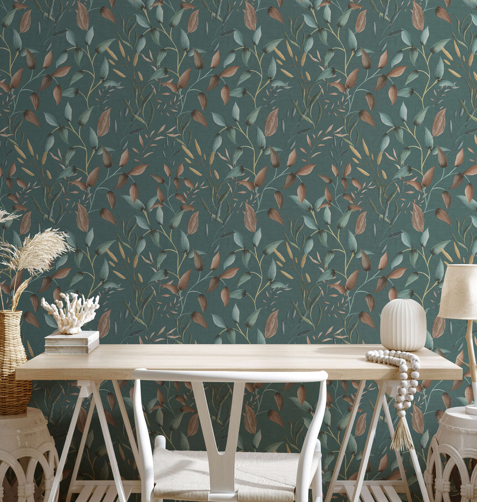             Non-woven floral wallpaper with tendril motif - green, petrol, orange
        