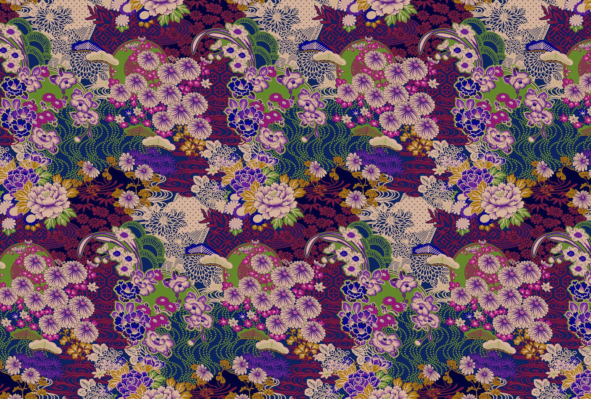             Fotomural »kimo 2« - Obra de arte floral abstracta - Violeta, Verde | Tela no tejida suave, ligeramente nacarada y brillante
        