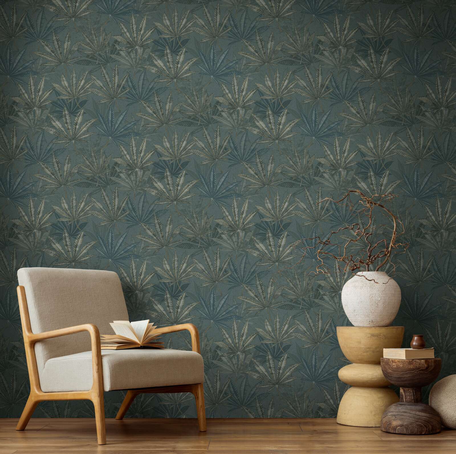             Papel pintado no tejido con hojas de palmera de aspecto estampado - gris, verde, azul
        