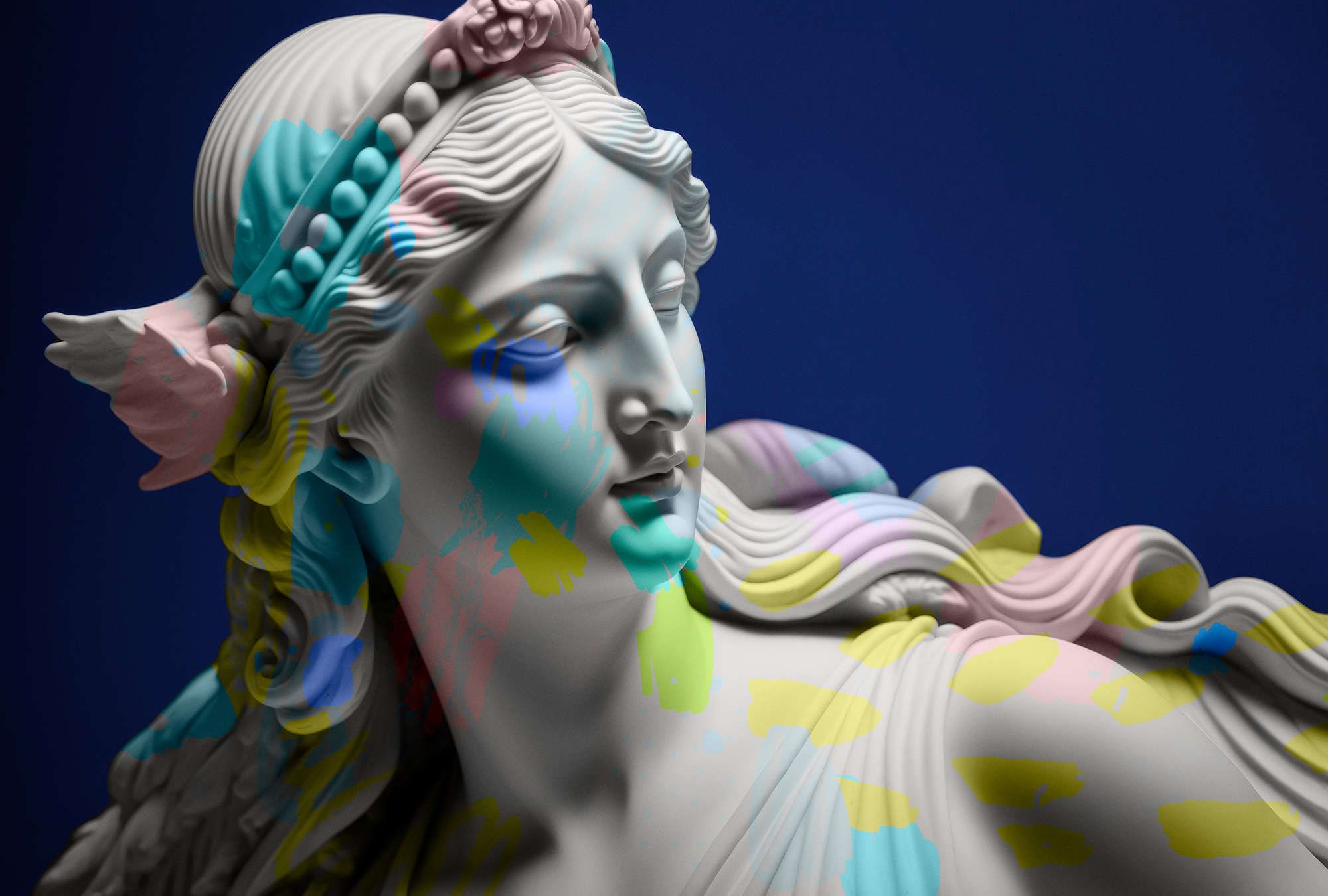             Photo wallpaper »anthea« - female sculpture with colourful accents - matt, smooth non-woven fabric
        