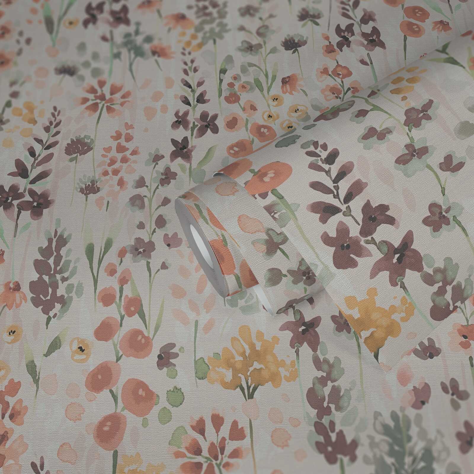             Non-woven wallpaper colourful flower meadow in watercolour design - beige, orange, brown
        