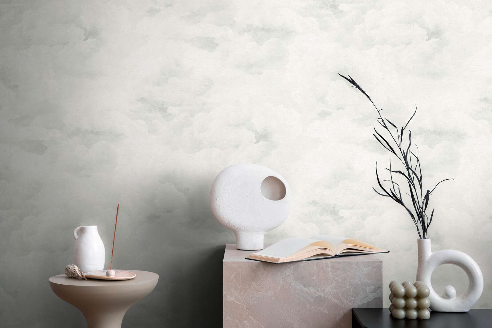             Non-woven wallpaper with abstract cloud pattern - white, grey, cream
        