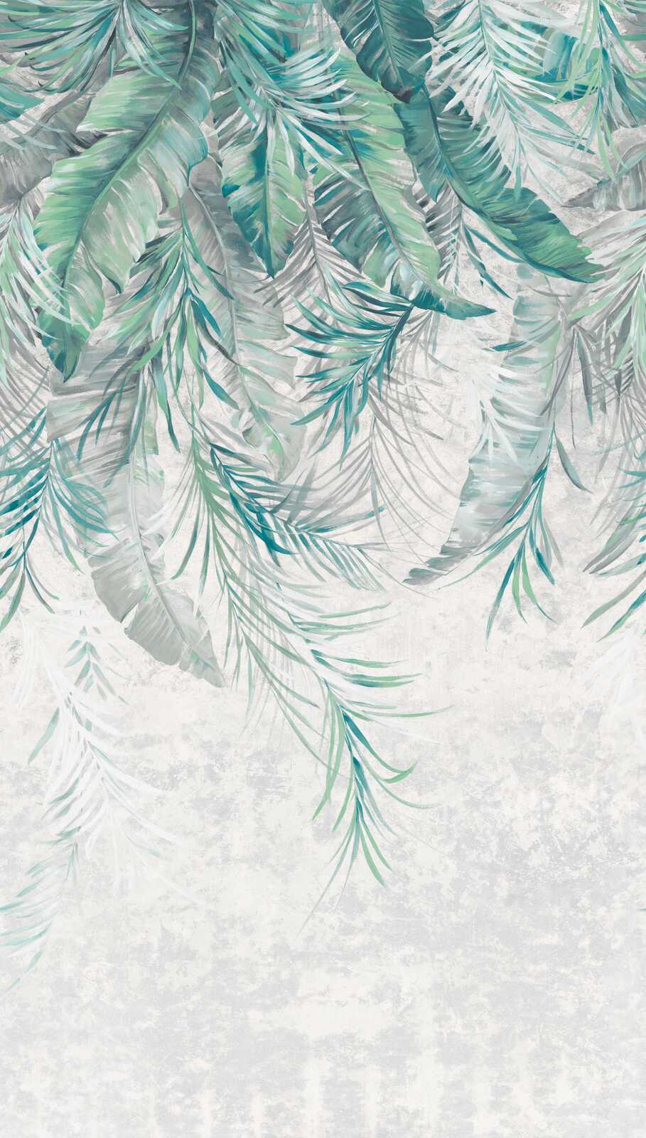             Elegante papel pintado tejido-no tejido jungla con hojas de palmera y repetición de motivos a gran escala - gris, verde, azul
        