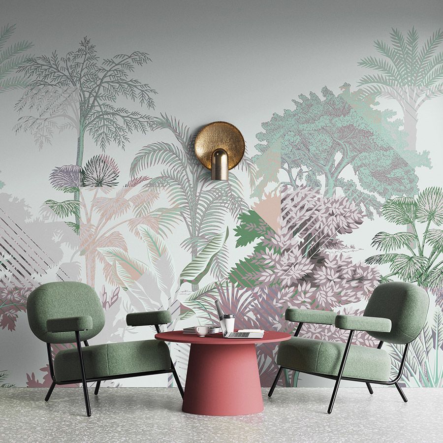 papier peint en papier panoramique »esplanade 1« - jungle patchwork avec arbustes - vert, rose | intissé légèrement structuré
