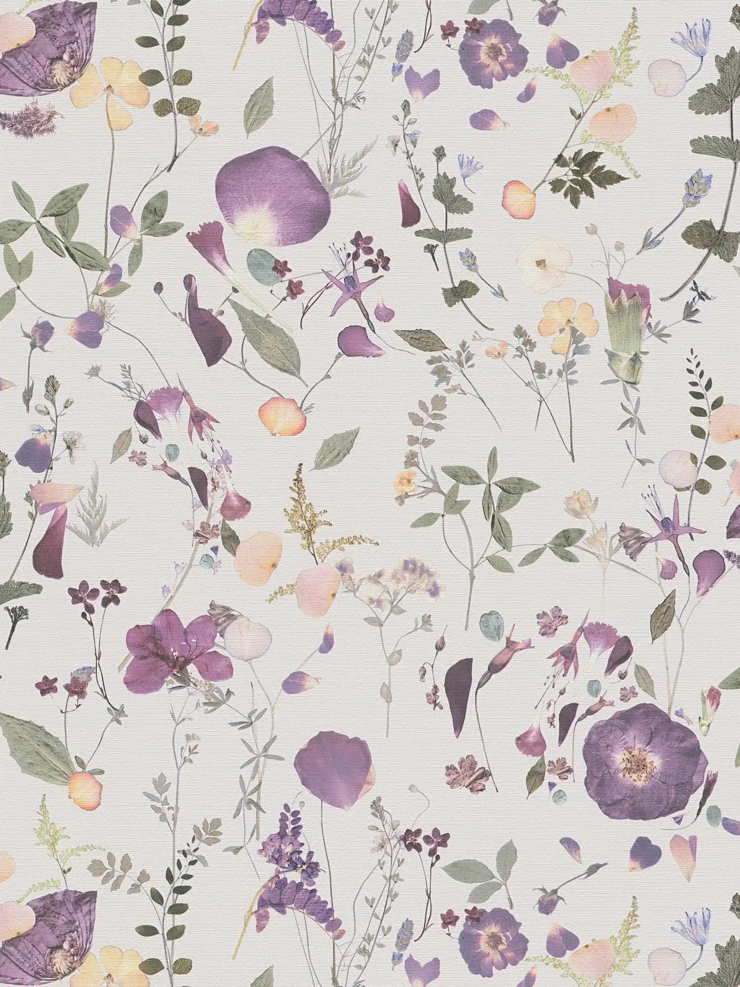 papier peint en papier intissé avec motif de bouquet de fleurs de style champêtre - violet, vert, jaune
