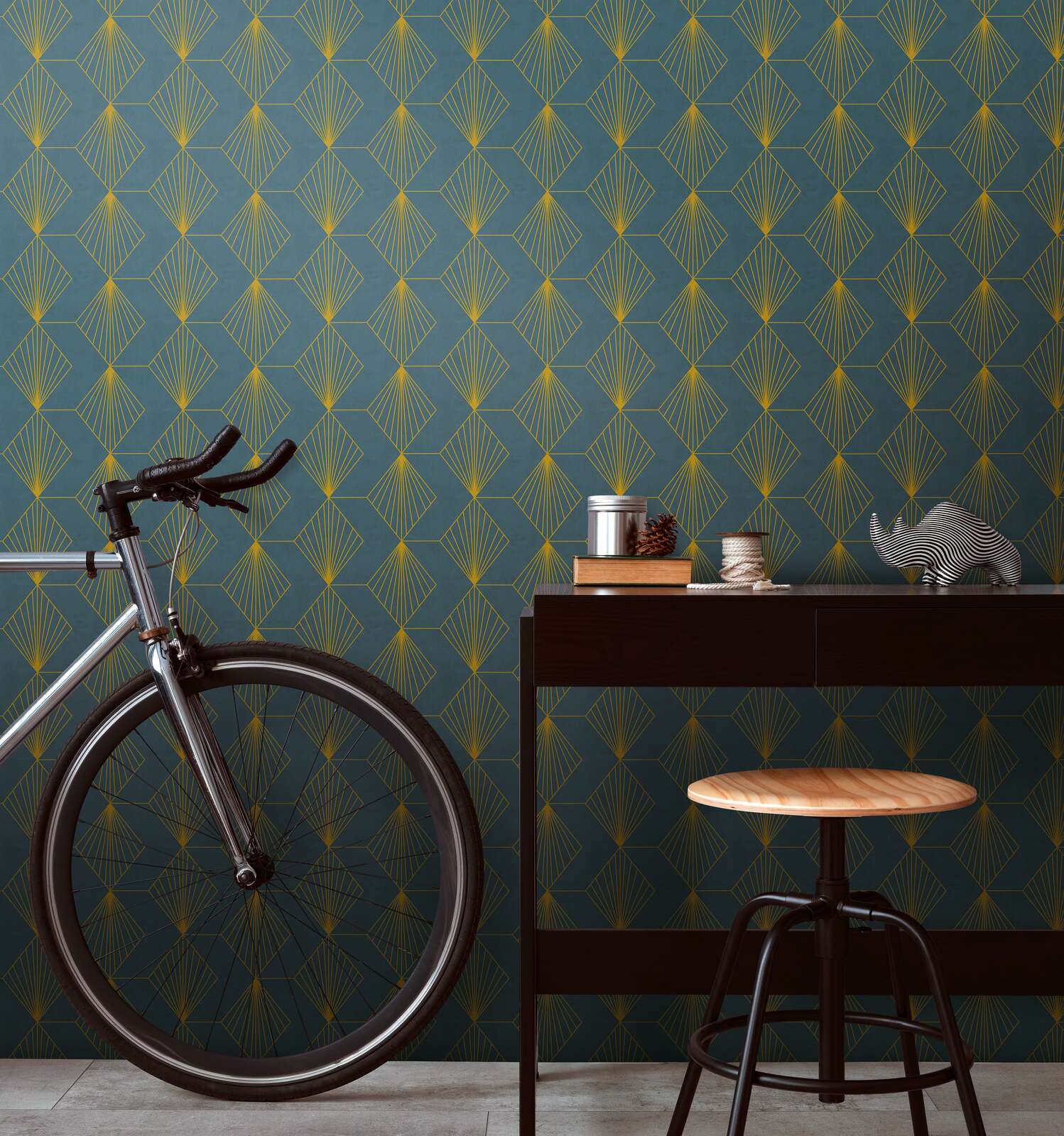             Design non-woven wallpaper with graphic pattern in Art Deco style - petrol, gold
        