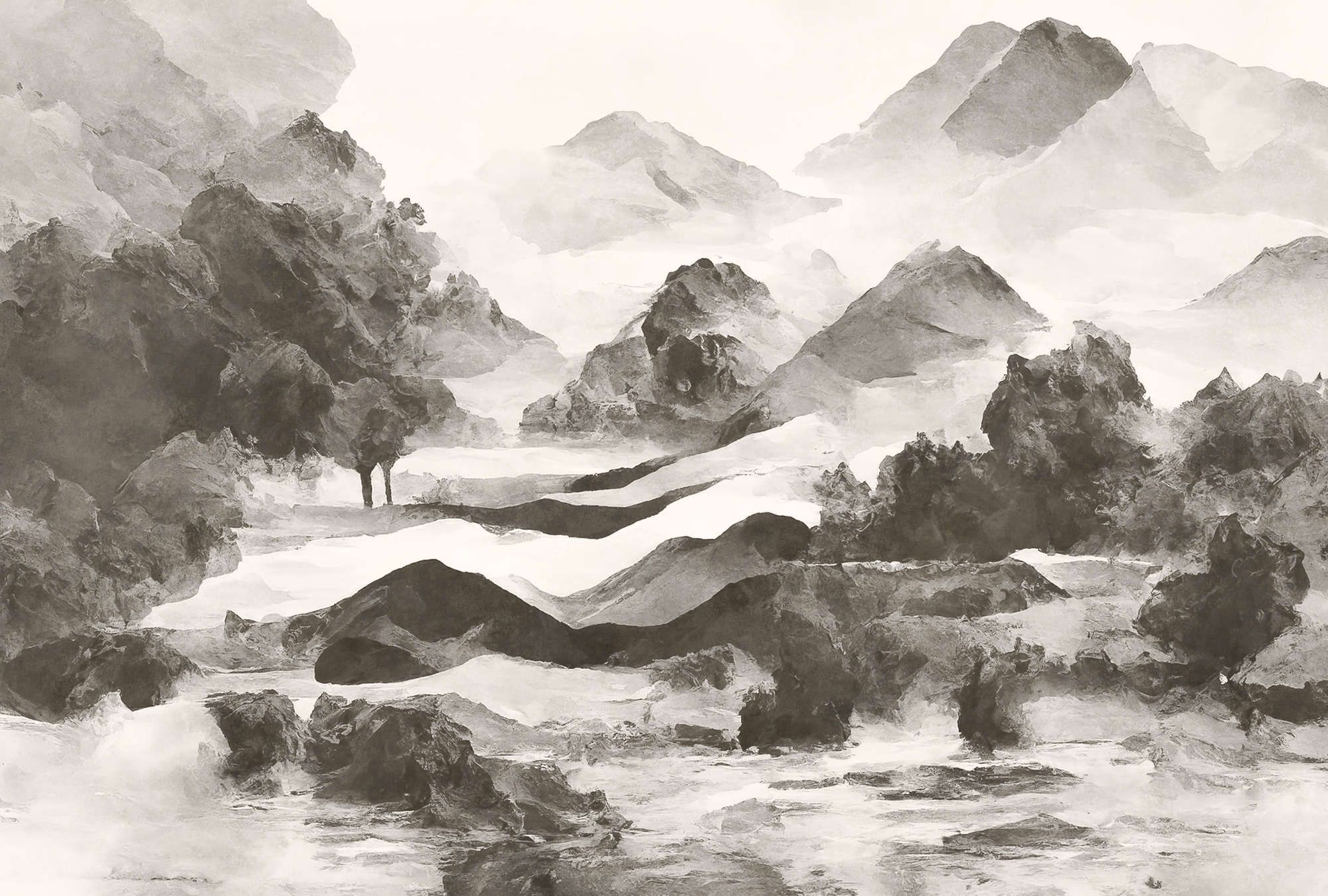             Digital behang »tinterra 1« - Landschap met bergen & mist - Grijs | Gladde, licht parelmoerglanzende vliesstof
        