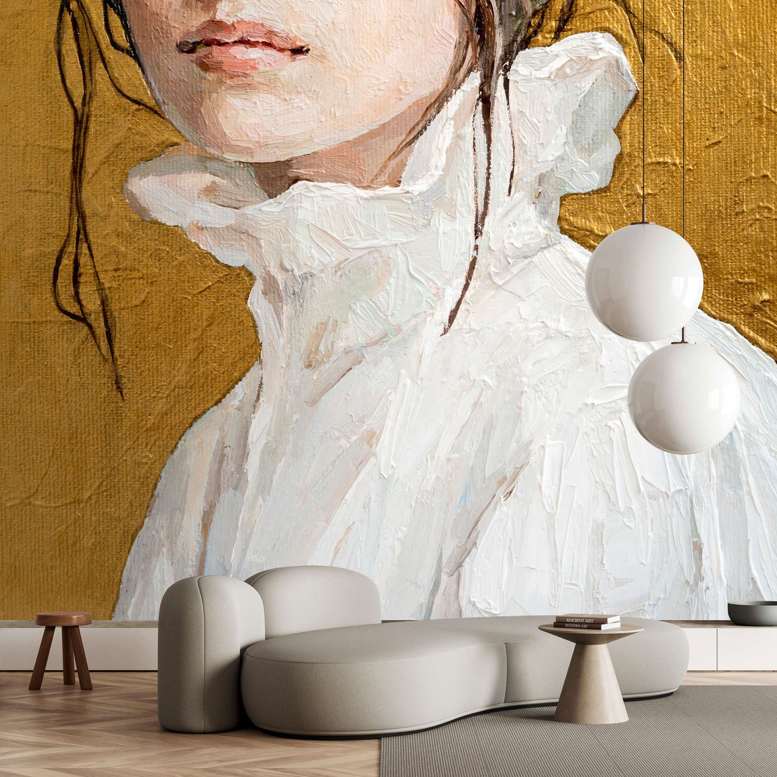             Fotomural »golda« - retrato parcial de una mujer - obra de arte con estructura de lino | Tela no tejida lisa, ligeramente nacarada y brillante
        