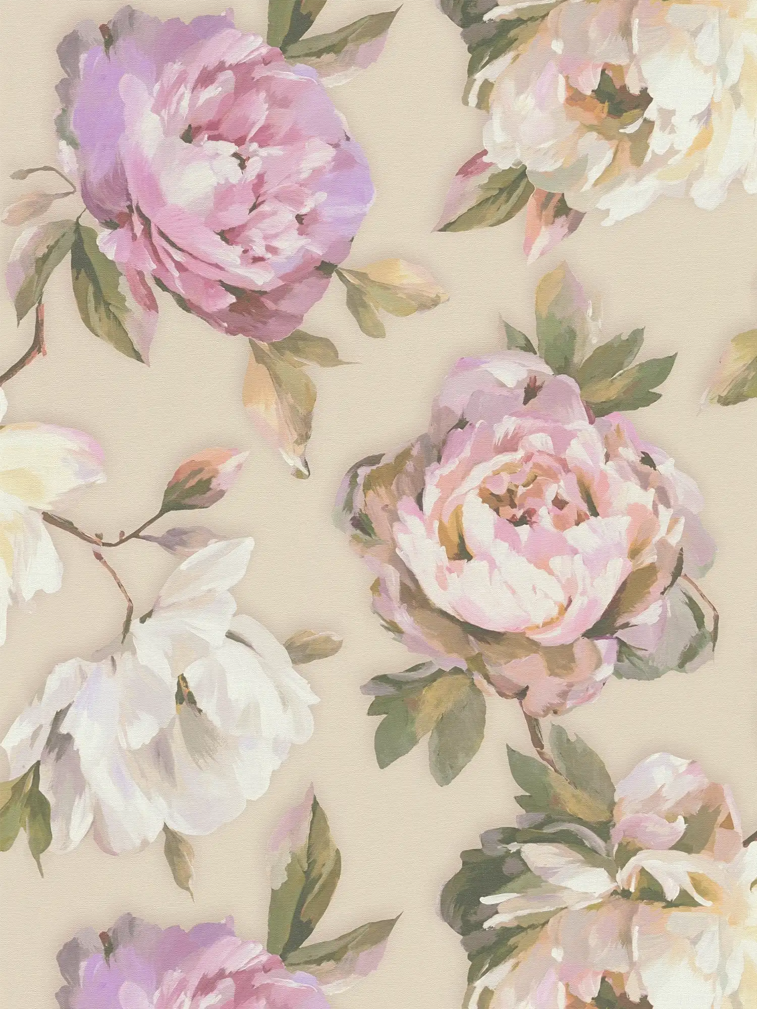 papier peint en papier intissé avec des fleurs de roses pittoresques dans un look aquarelle - violet, rose, vert
