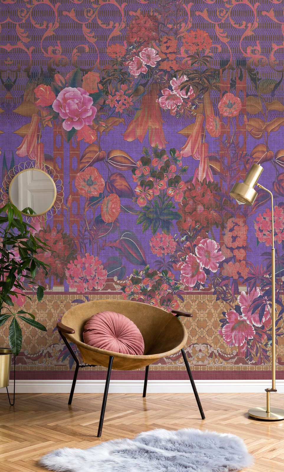             Photo wallpaper »sati 1« - Floral design with linen structure look - Purple | matt, smooth non-woven fabric
        