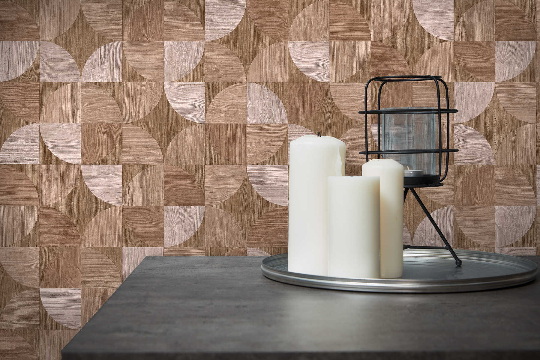             Wallpaper with graphic pattern in wood look - brown, beige
        