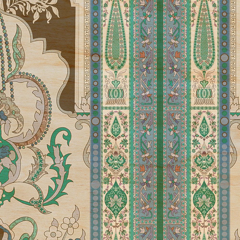             papier peint en papier panoramique »tara« - lambris ornemental avec structure en contreplaqué - vert, beige | intissé légèrement structuré
        