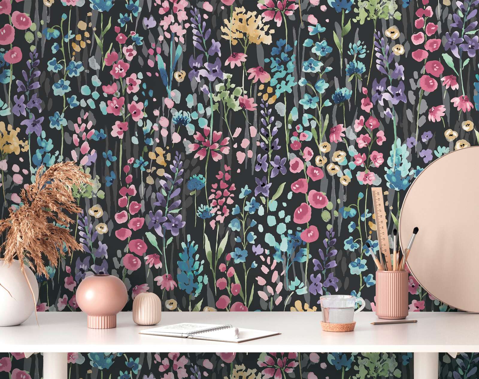             Non-woven wallpaper colourful flower meadow in watercolour look - colourful, black, pink
        