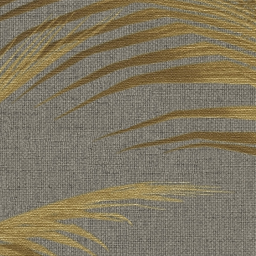             Vliesbehang met palmbladeren en gouden accenten - grijs, goud, metallic
        