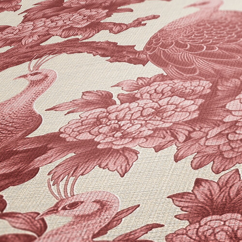             Non-woven wallpaper in English country house style with birds - red, cream, pink
        