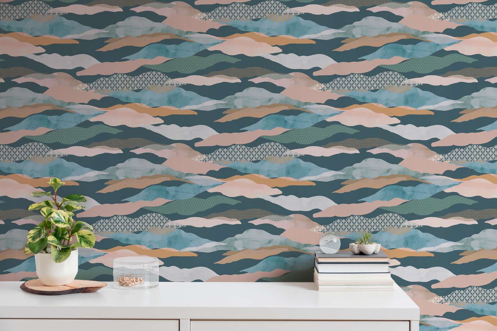             Non-woven wallpaper with abstract wave and cloud pattern - blue, green, pink
        