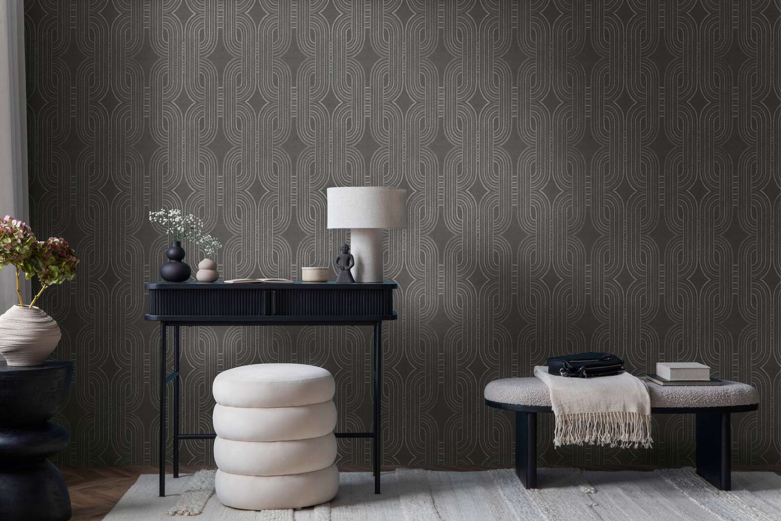             Non-woven wallpaper with abstract graphic retro pattern - black, brown, metallic
        