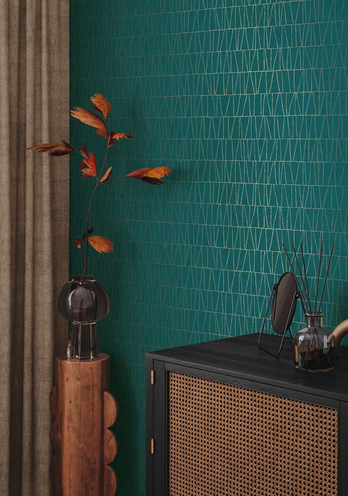             Pattern wallpaper with abstract lines - petrol, gold
        