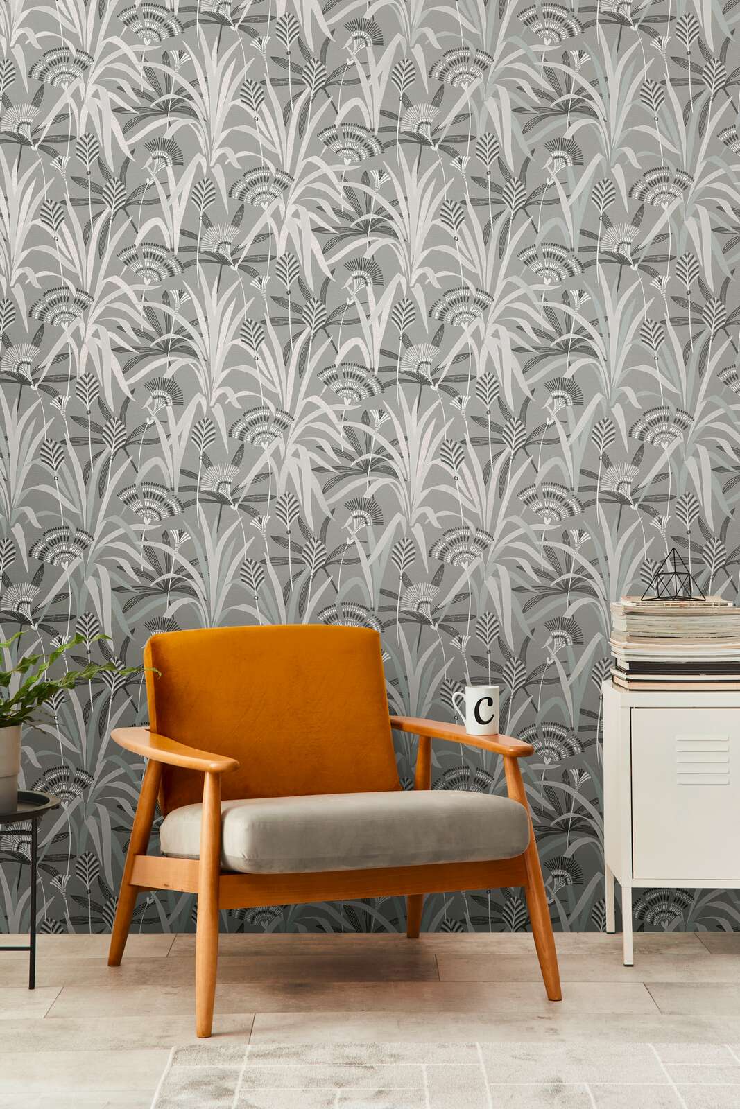             Non-woven wallpaper with flowers and grasses in a retro look - grey, blue, green
        