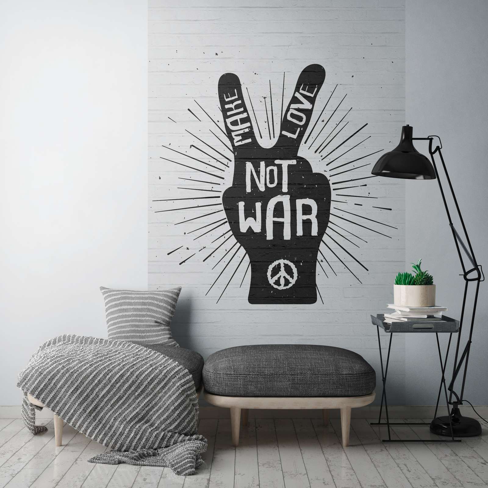             Stone wall non-woven wallpaper with expressive "Make Love Not War" illustration - white, black
        