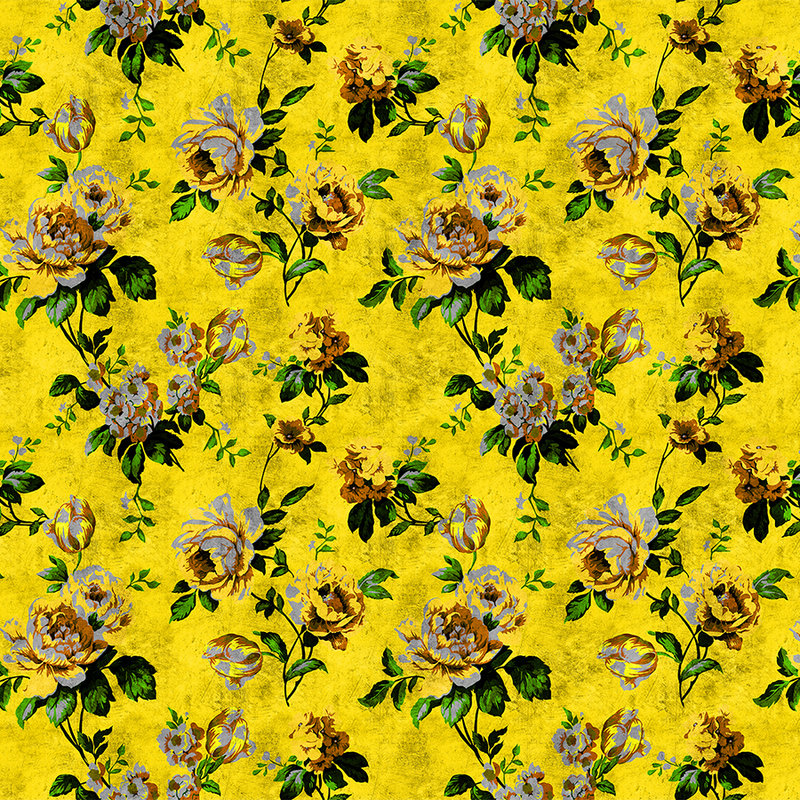 Rosas silvestres 5 - Papel pintado fotográfico Rosas en estructura rayada en aspecto retro, Amarillo - Amarillo, Verde | Vellón liso mate
