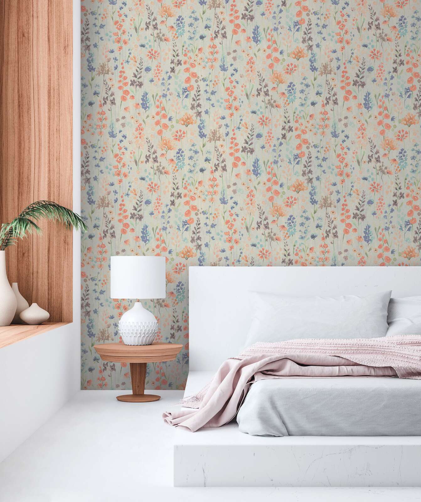             Colourful flower meadow wallpaper in watercolour look - colourful, light grey, orange
        