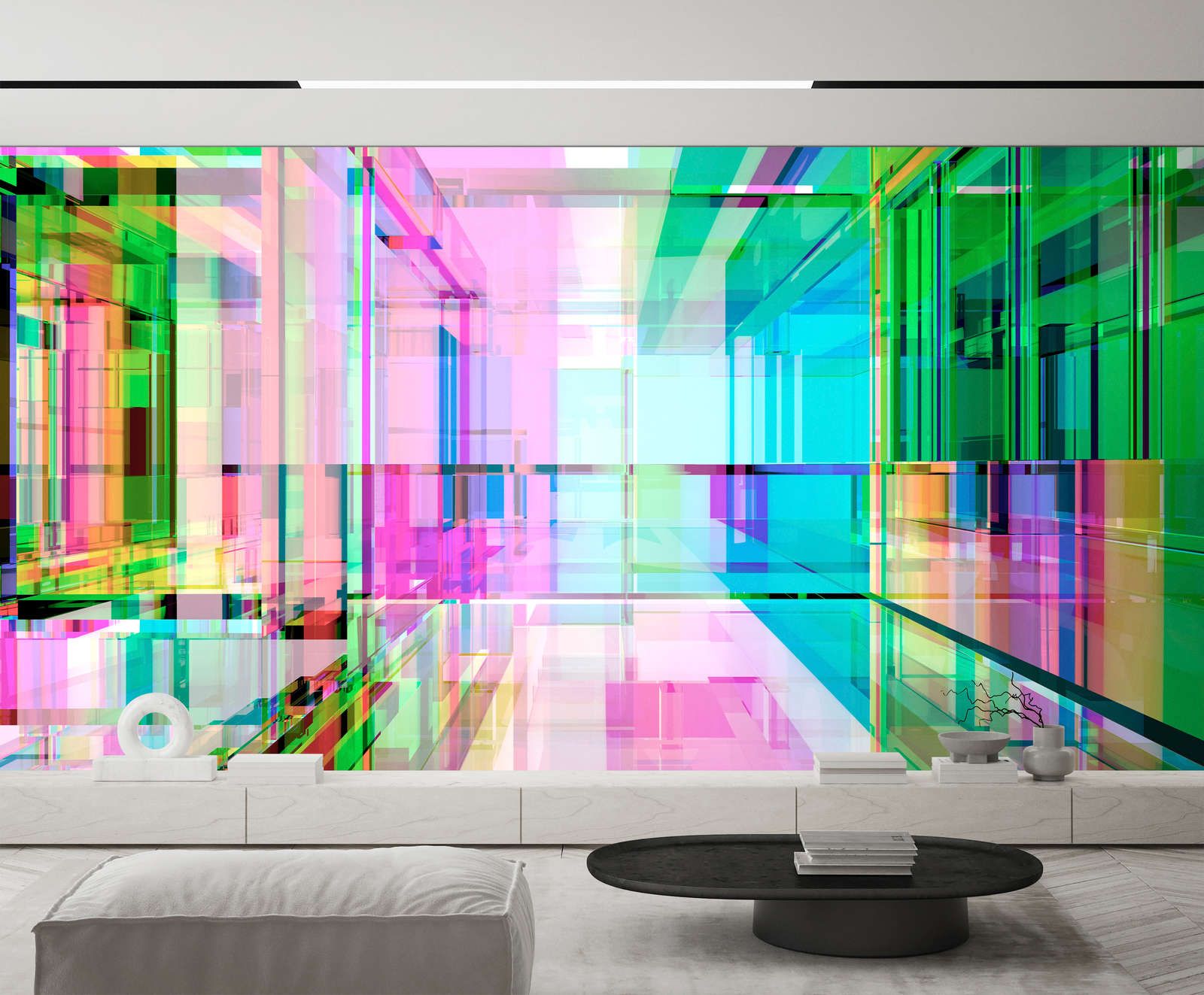             Digital behang »focus« - Futuristisch ontwerp in een vierde dimensie in neonkleuren - Gladde, licht parelmoerachtige vliesstof
        