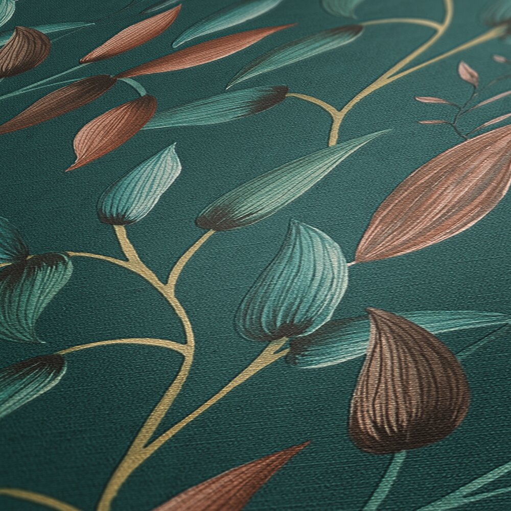             Non-woven floral wallpaper with tendril motif - green, petrol, orange
        