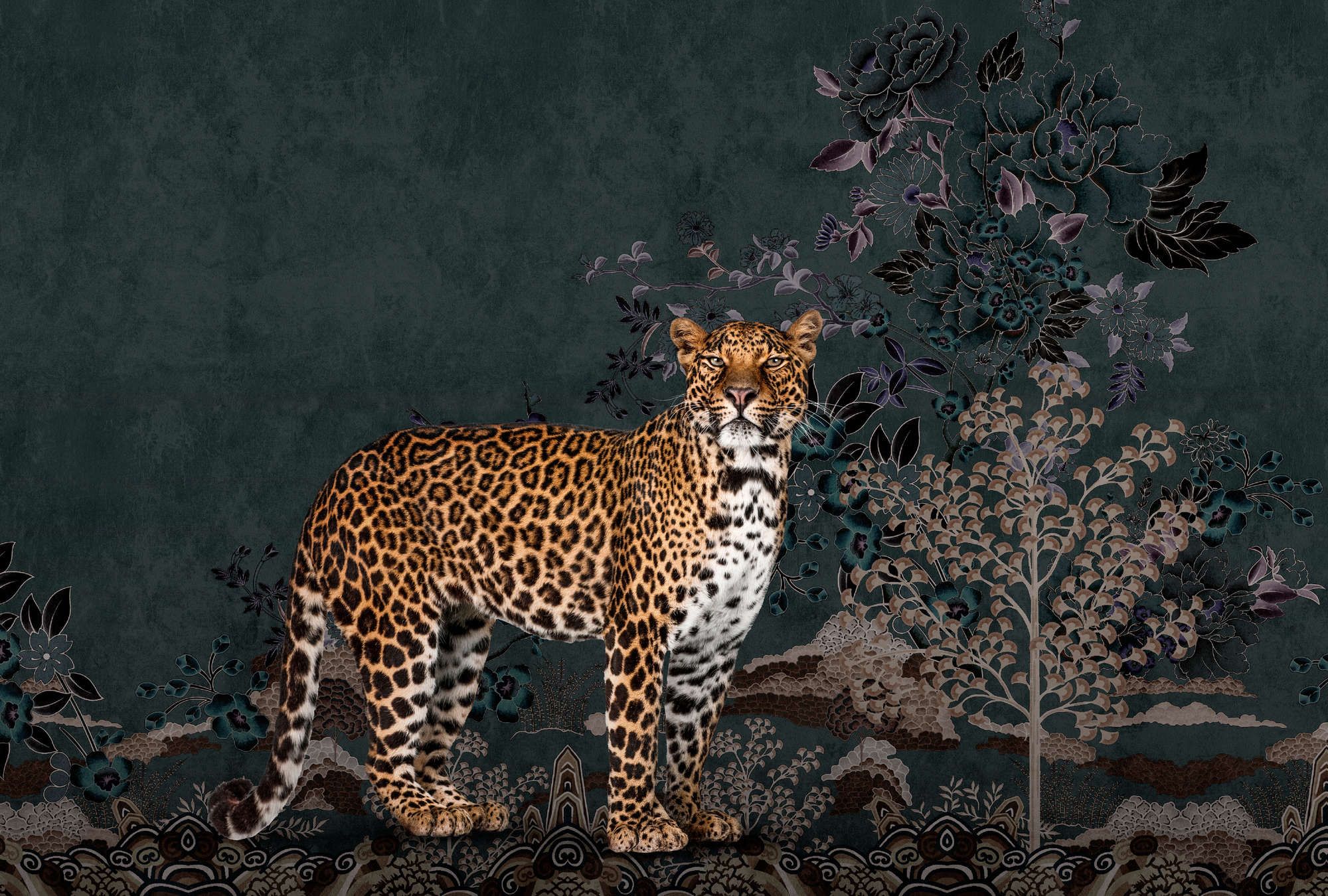             Photo wallpaper »rani« - Abstract jungle motif with leopard - Matt, smooth non-woven fabric
        