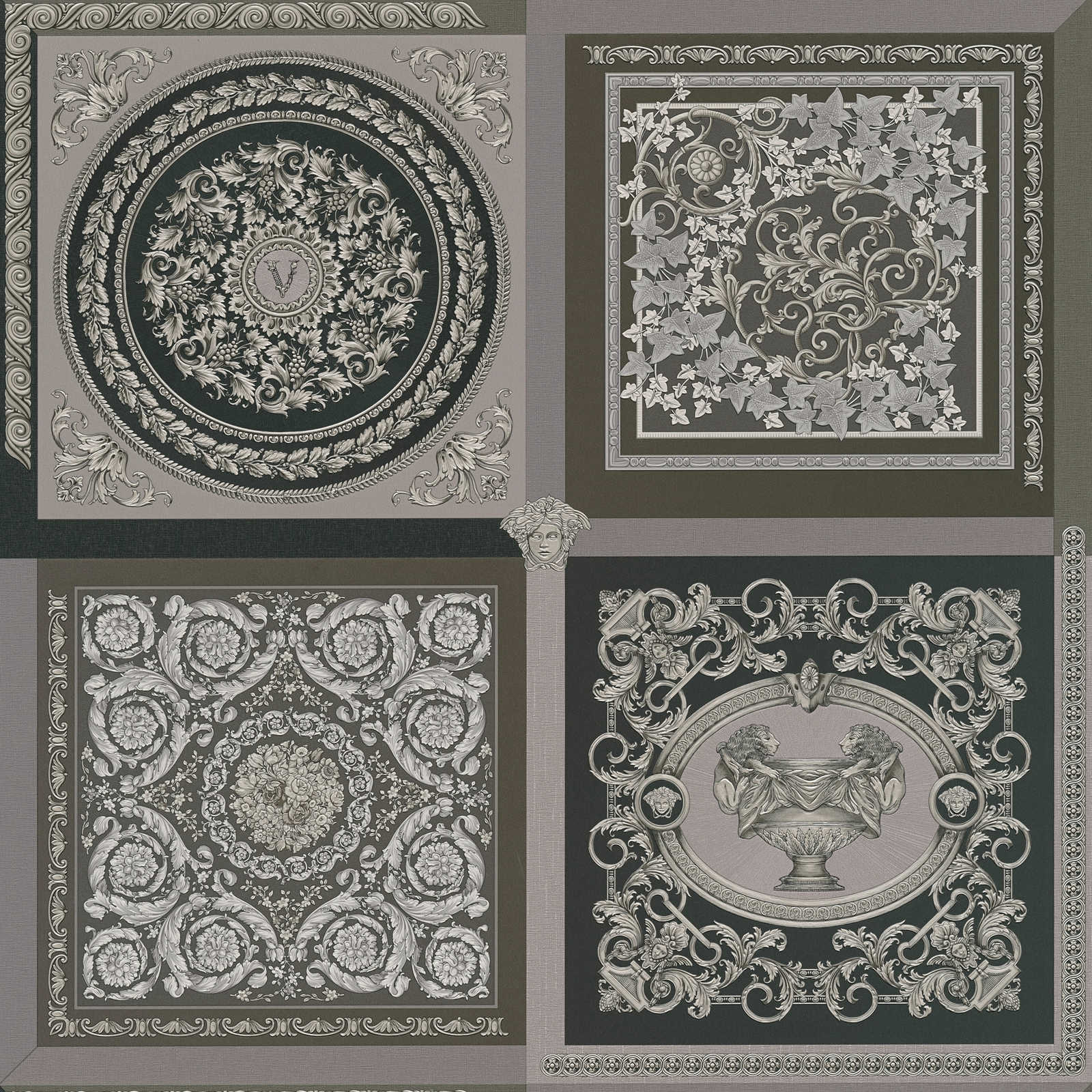             Papel pintado VERSACE ornamento de plata en patrón de azulejos - gris, negro
        