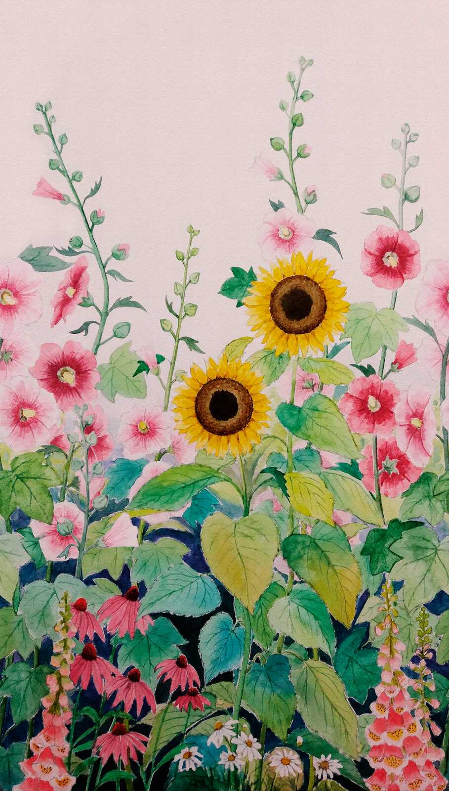             Pré fleuri multicolore papier peint en papier intissé avec tournesols et une répétition de motifs à grande échelle - rose, vert, jaune
        