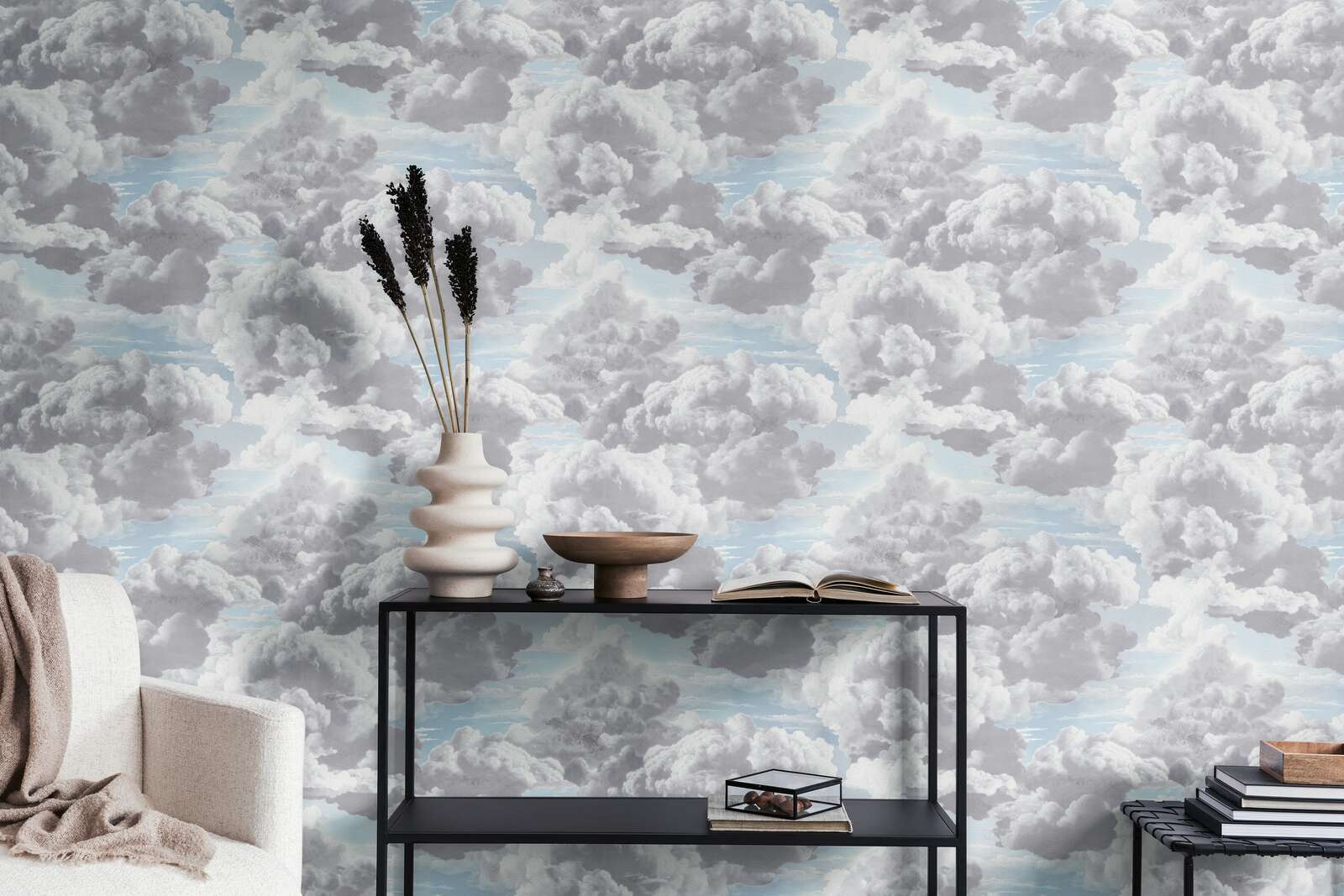             Cloud pattern in oil painting look as non-woven wallpaper - grey, blue, white
        