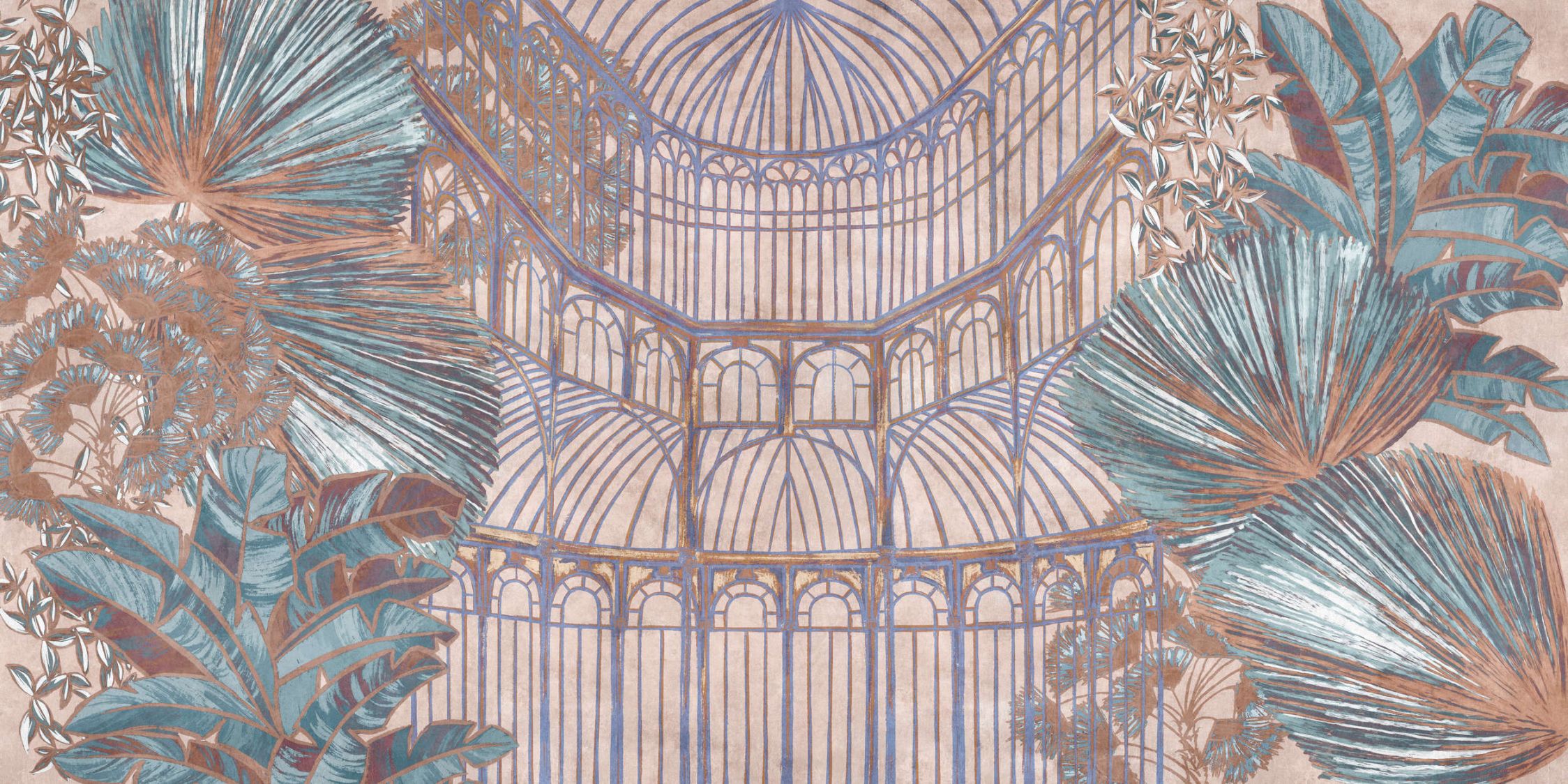             papier peint en papier panoramique »orangerie 2« - Pavillon avec feuilles de la jungle sur structure d'enduit vintage - rose, turquoise | intissé légèrement structuré
        