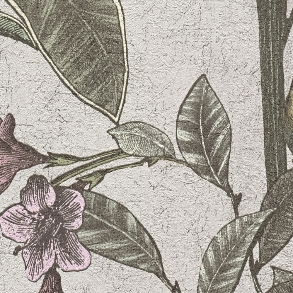             Non-woven wallpaper jungle with parrot in vintage design - green, cream, pink
        