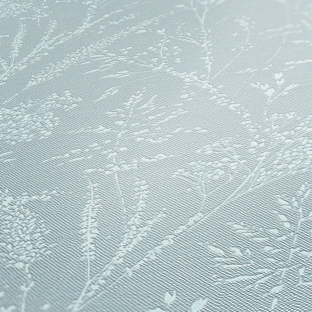             Non-woven wallpaper with glittering floral and tendril design on textile surface - light blue, white
        