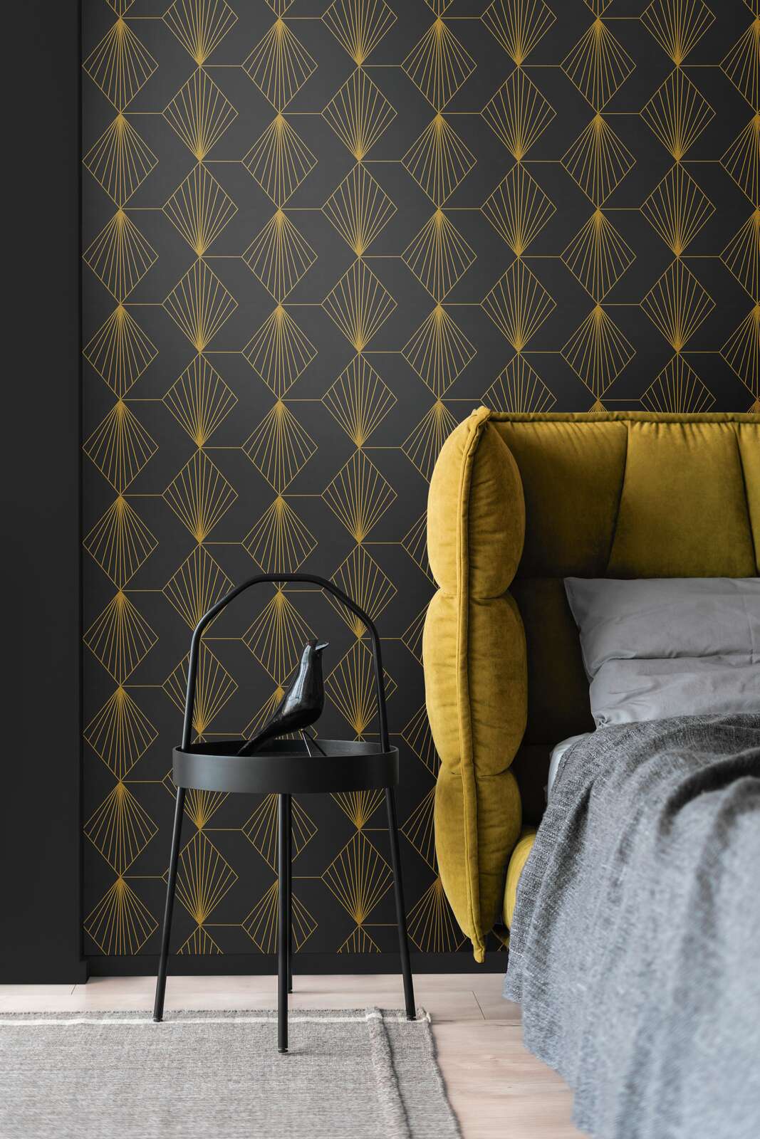             Papel pintado tejido-no tejido Art Déco con motivos glamurosos - negro, dorado
        