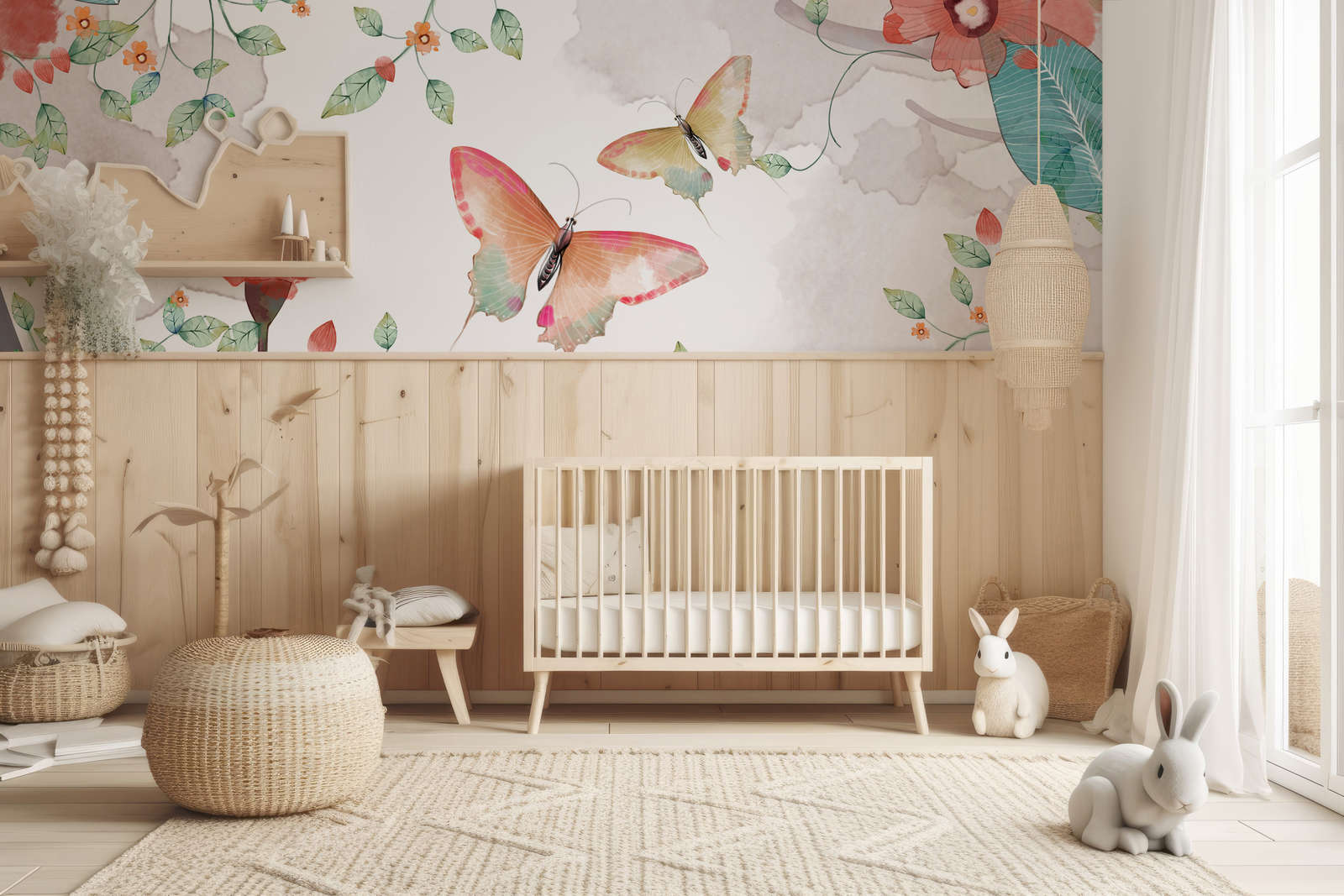             Photo wallpaper floral with leaves and butterflies - Smooth & slightly shiny non-woven
        