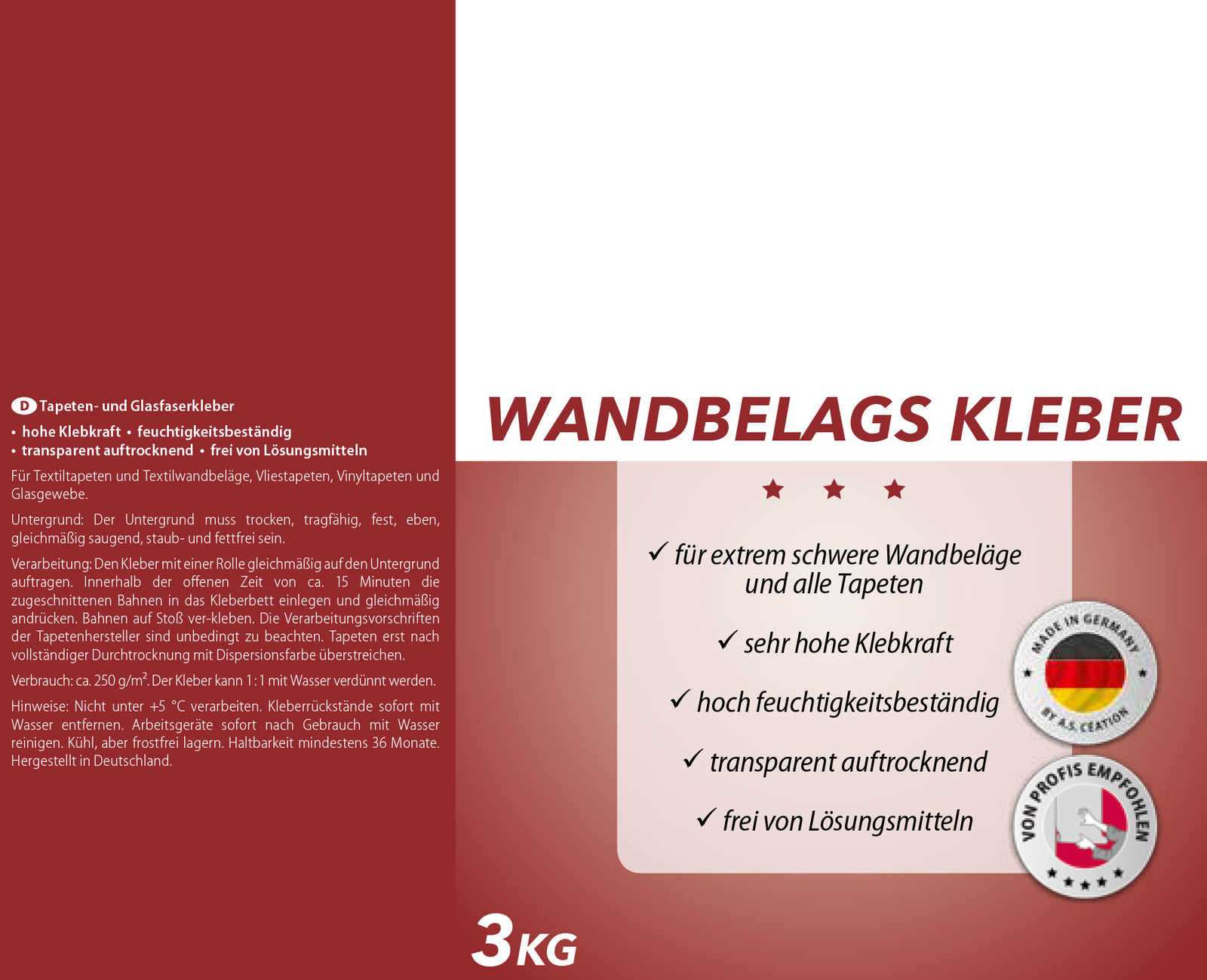             Fertigkleister Vlieskleister Wandbelagskleber – 3 kg
        