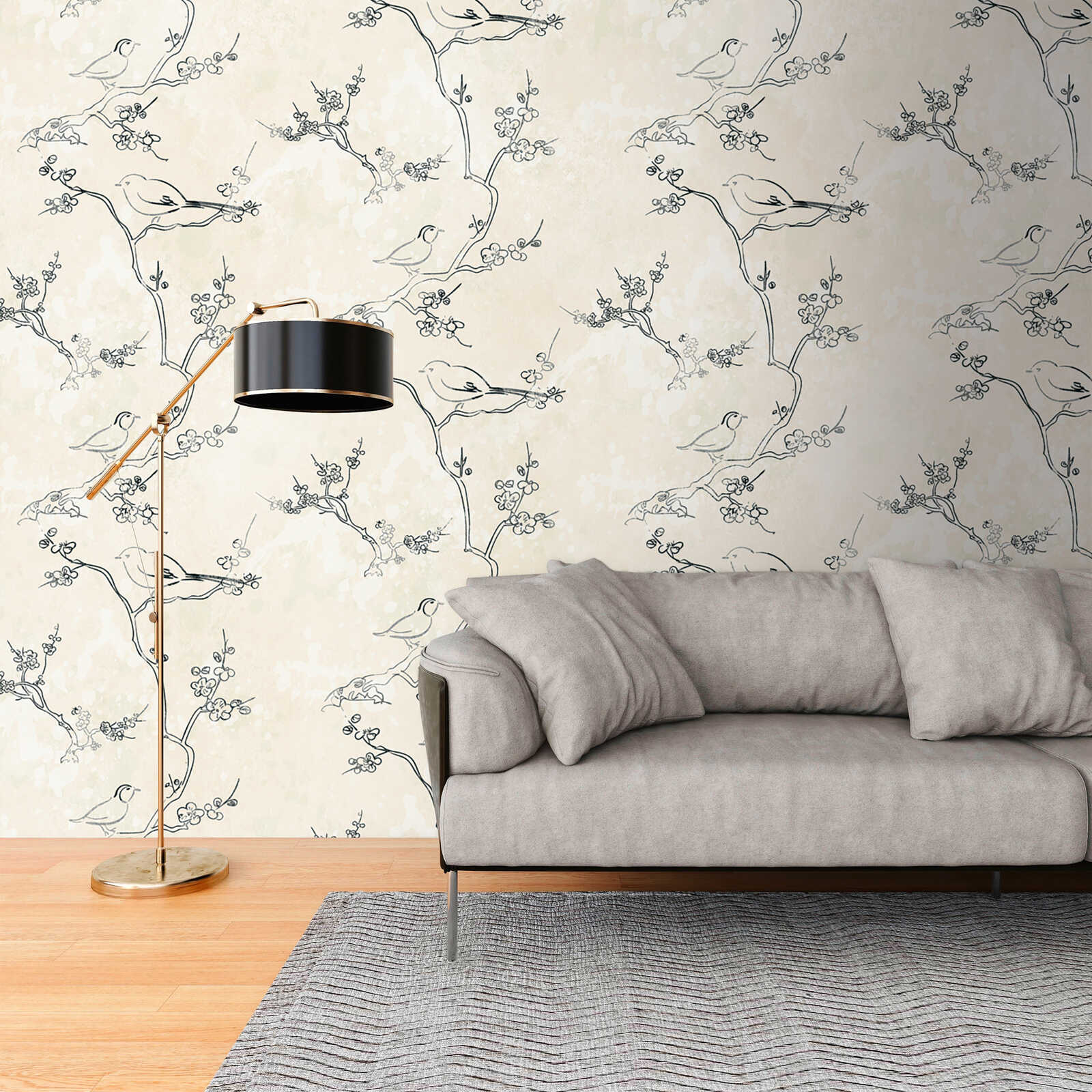             Elegant non-woven wallpaper with twigs and birds on a subtle background and a large-scale pattern repeat - cream, black
        