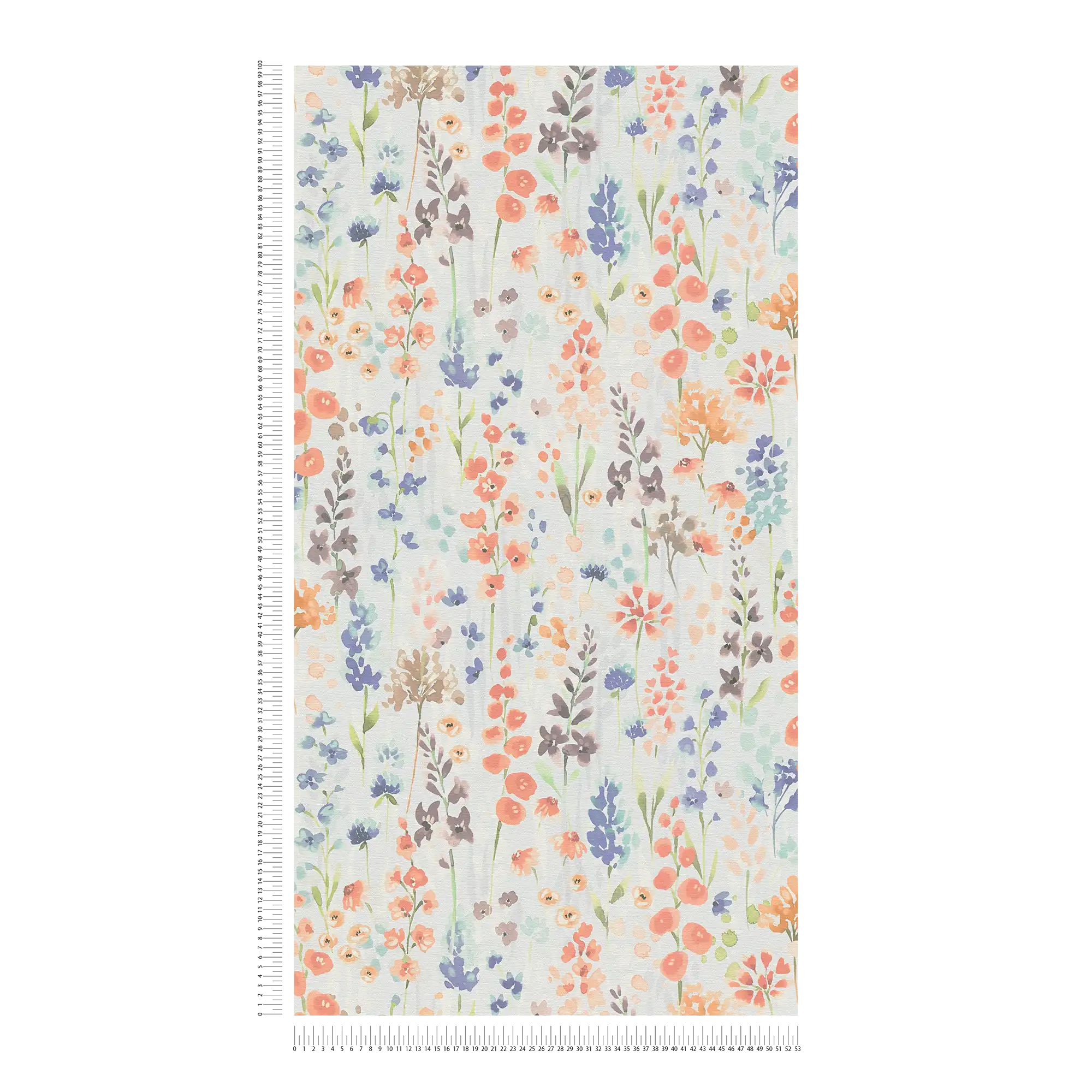             Colourful flower meadow wallpaper in watercolour look - colourful, light grey, orange
        