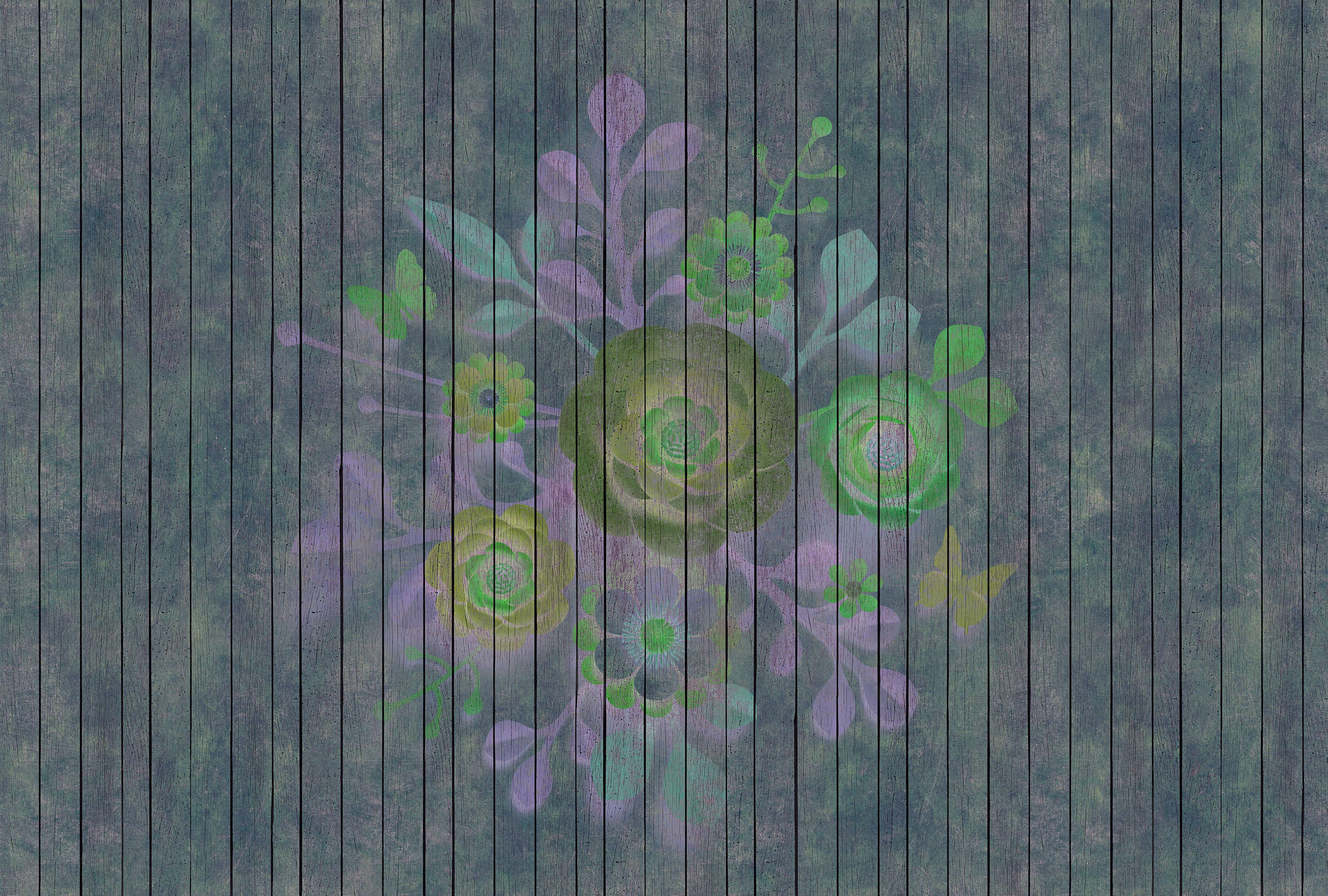             Spray bouquet 2 - Papier peint structure panneaux bois avec fleurs sur panneau - bleu, vert | À structure intissé
        