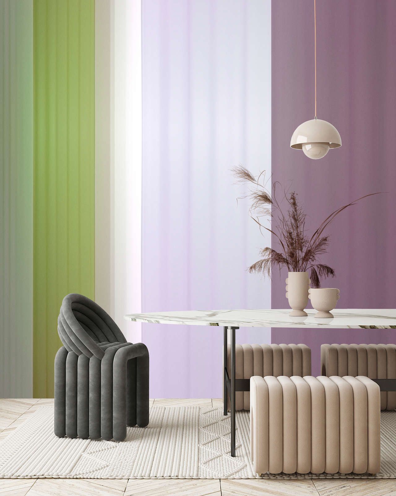             papier peint en papier panoramique »co-colores 3« - dégradé de couleurs à rayures - vert, lilas, violet | intissé légèrement structuré
        