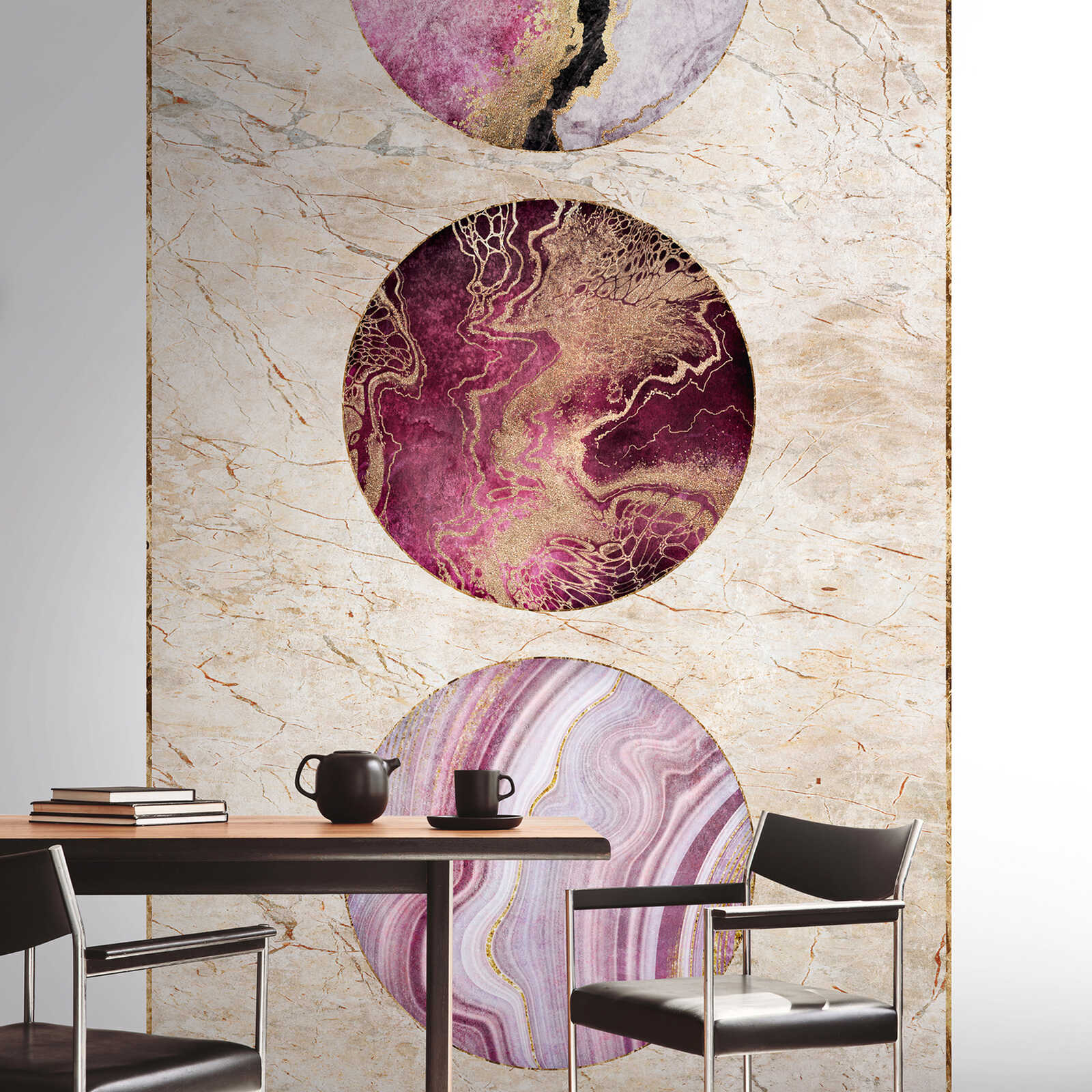         Colourful marble non-woven wallpaper with circles and gold accents - beige, gold, pink
    